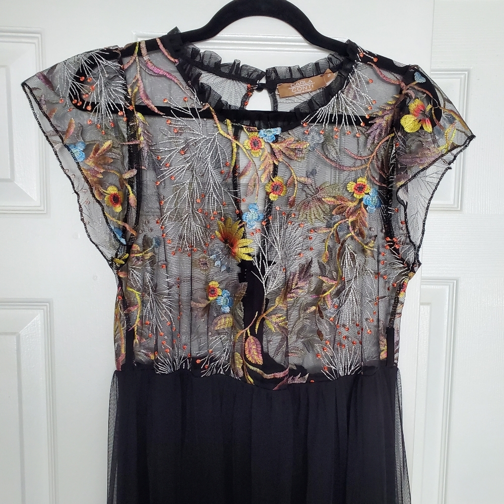 Carla Conti Black Floral Embroidered Tulle Maxi Dress